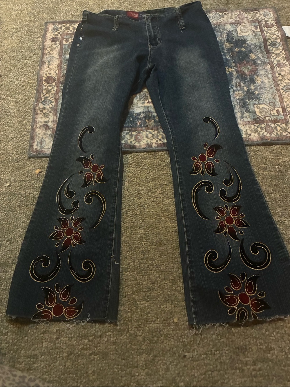 Younique Dark Wash Flare Jeans with Red Floral Embroidery